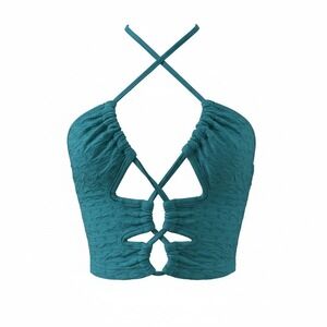 XS Teal Blue Green Lace Up Open Front Backless Halter Crop Tank Top